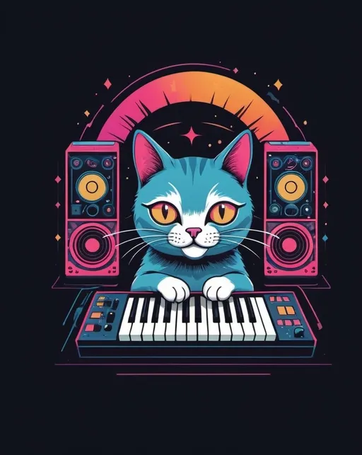 Prompt: festival inspired design of cat plays synth, vector, print on demand, POD, clean background
