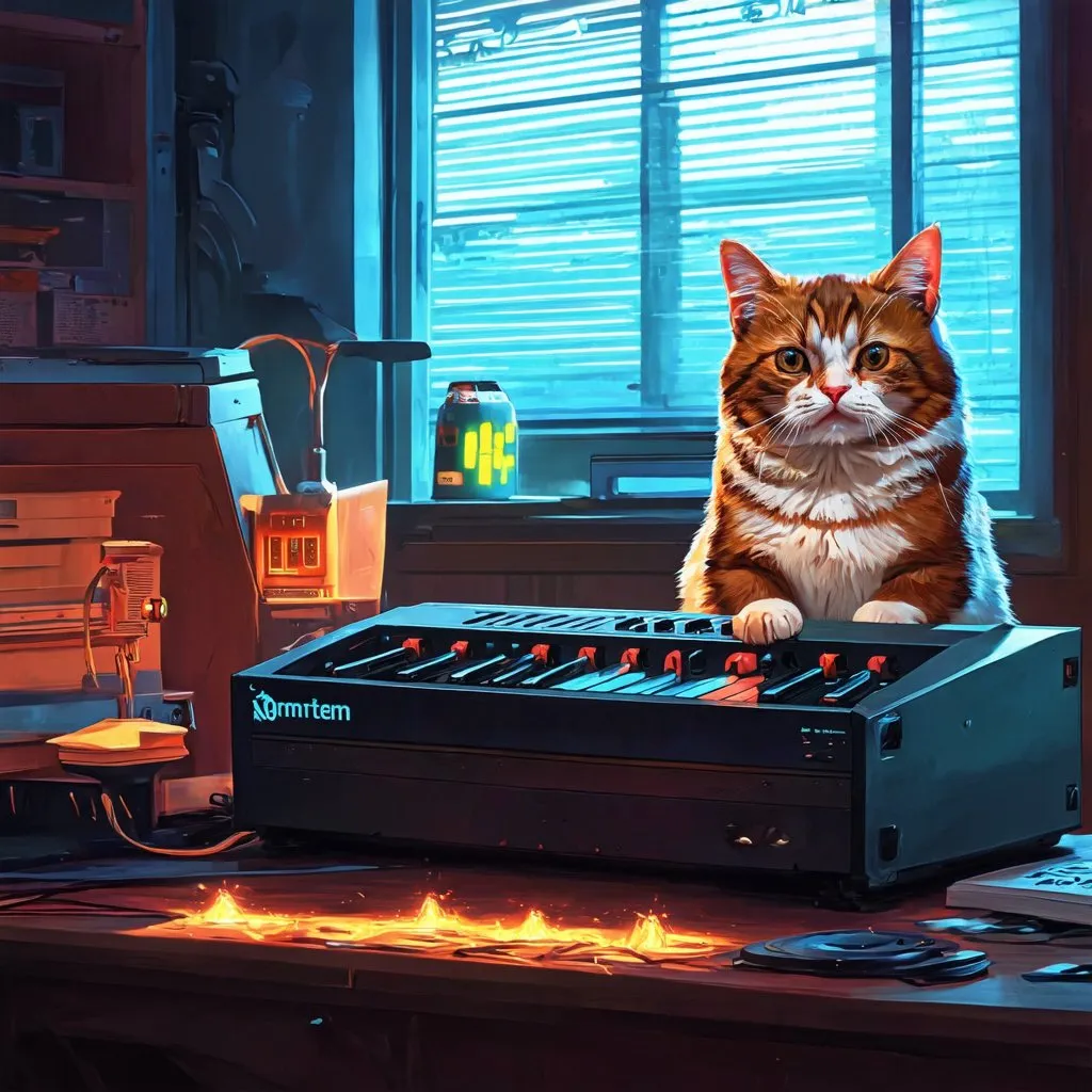 Prompt: Create an illustration of a cat that is playing the modular synth.  By Edward gory, Simon stalenhag , vincent di fate

