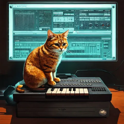 Prompt: Create an illustration of a cat that is playing the modular synth.  By Edward gory Simon stalenhag

