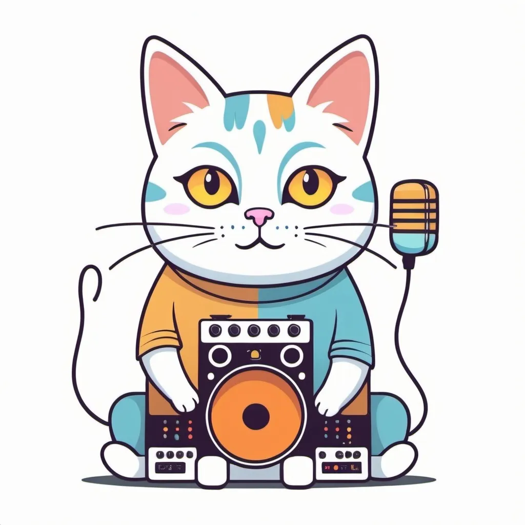 Prompt: Cowbell. Cute kawaii { cat plays a modular synth} snowshoe point lynx cat, white background, illustration minimalism, vector, colorful. Drums, cowbell. boink