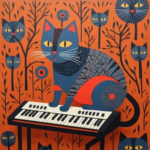 Prompt: cat plays synth, Gond patterns,