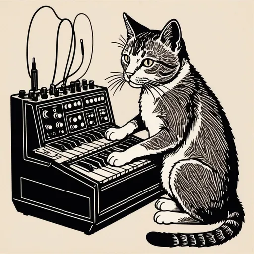 Prompt: A simple lithograph style woodcut of a cat plays a modular synth.
rough lines, wires, electronics, 1930s clip art. wisps of color here and there