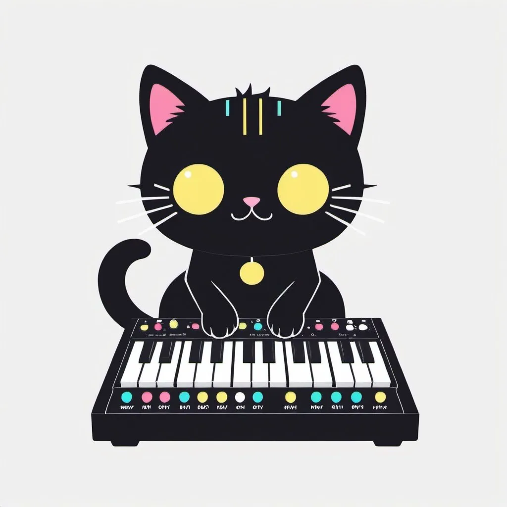 Prompt:   Cute kawaii { cat plays a modular synth}   black cat,  white background, illustration minimalism, vector, colorful