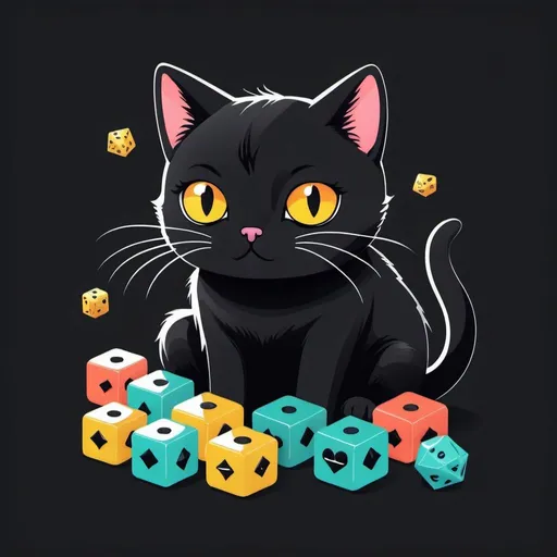 Prompt: Probability and chance.  Cute kawaii { cat plays a modular synth}   black cat,  white background, illustration minimalism, vector, colorful. Dice, cards, coin