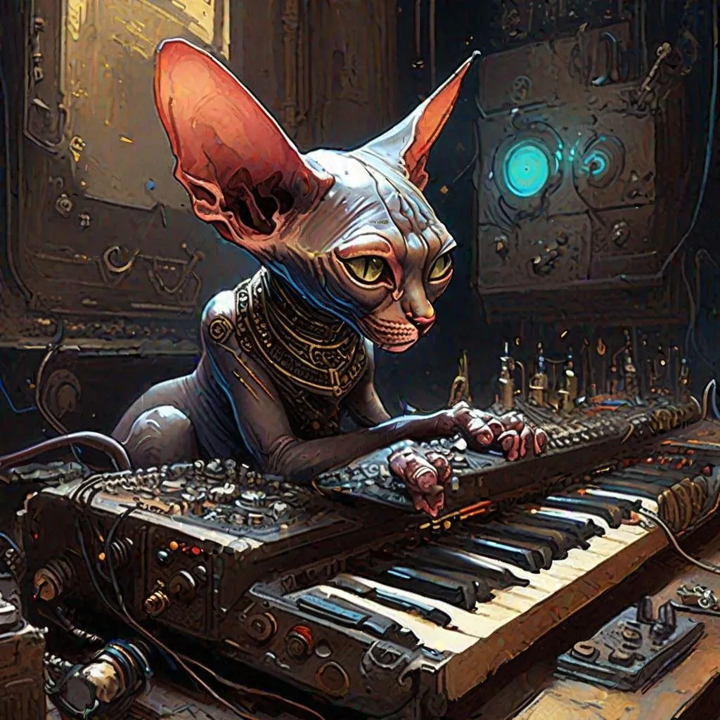 Prompt: Amazing intricate Highly detailed Painting of a sphynx cat playing a synth :: Hyper-detailed masterpiece :: by Joe Fenton Tracy J. Butler Brian Kesinger Wadim Kashin Ismail Inceoglu Jordan Grimmer splash art watercolor dark and gritty