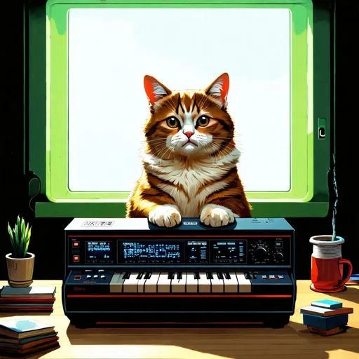 Prompt: Create an illustration of a cat that is playing the modular synth.  By Edward gory, Simon stalenhag , vincent di fate


