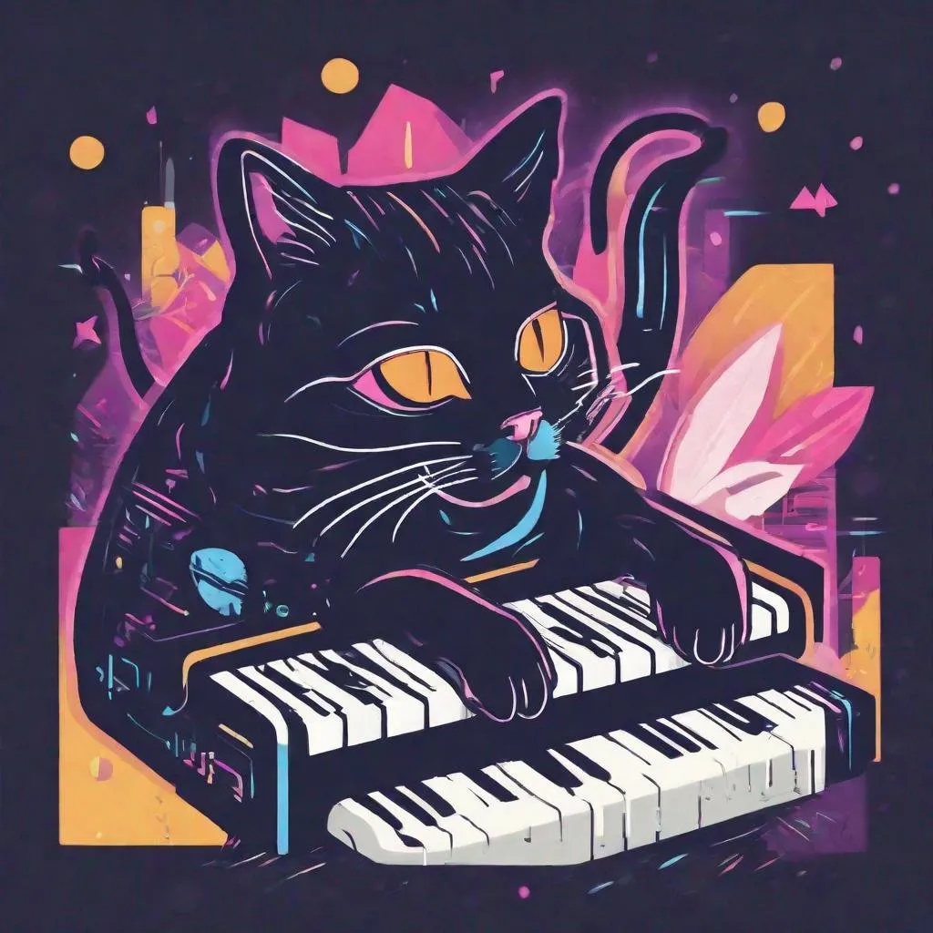 Prompt: festival inspired design of cat plays synth, vector, print on demand, POD, clean background