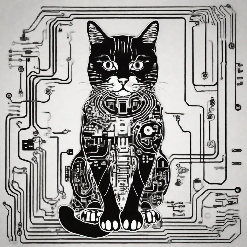 Prompt: sparse black and white design of a circuit with a cat theme