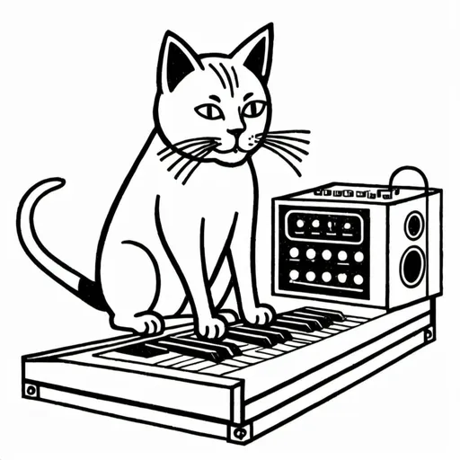 Prompt: A super simple lithograph style woodcut of a cat plays a synth.
rough lines, wires, electronics, 1930s clip art