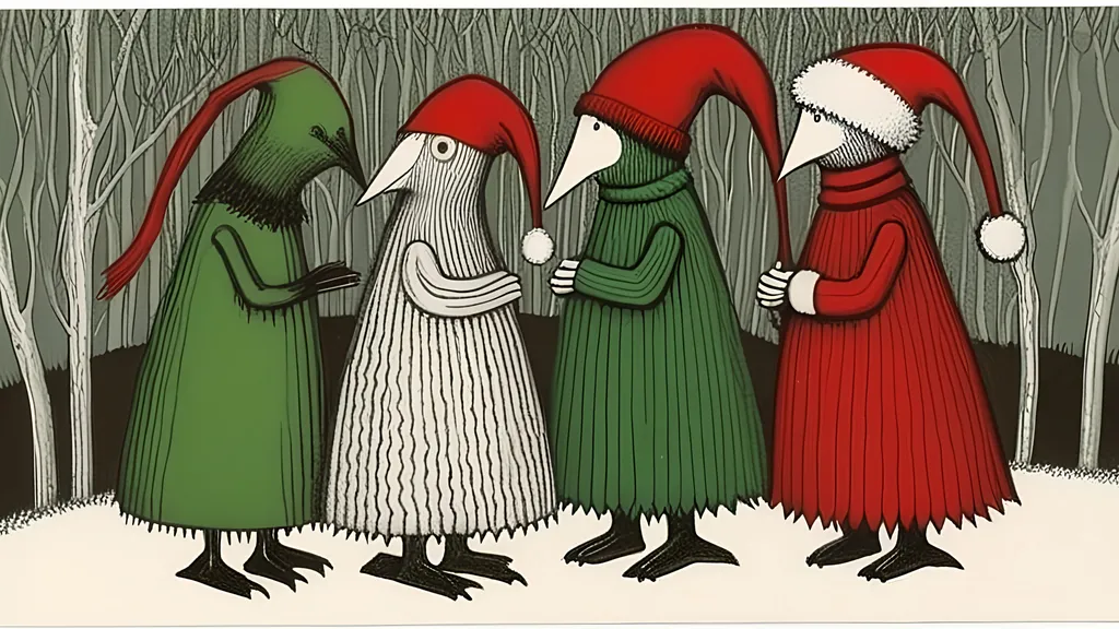 Prompt: Chickens During Christmas By Edward Gorey. Retro Postcard. Gothic. Reds And Greens