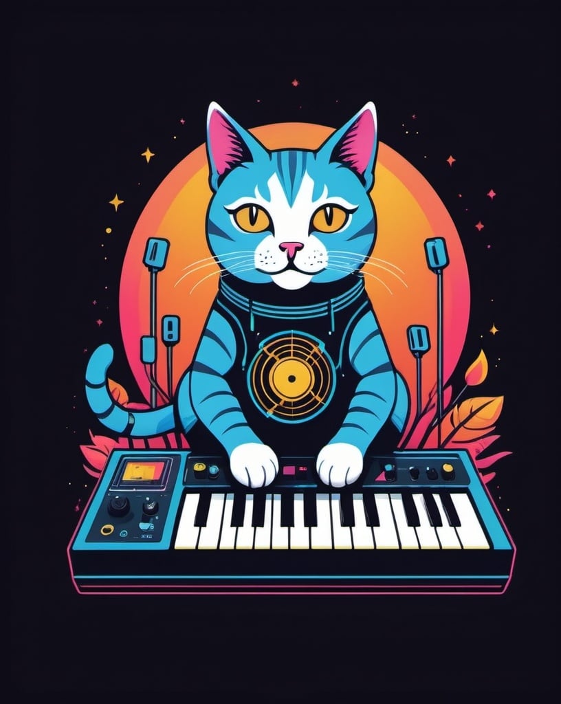 Prompt: festival inspired design of cat plays synth, vector, print on demand, POD, clean background