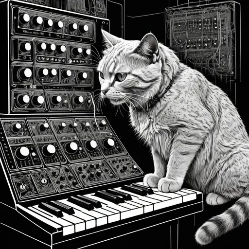 Prompt: cat plays modular synth, ed gorey, logo, line art