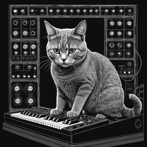 Prompt: cat plays modular synth, ed gorey, logo, line art