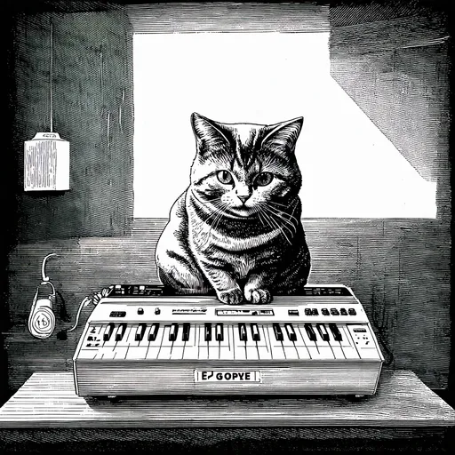 Prompt: cat plays modular synth, ed gorey, logo, line art