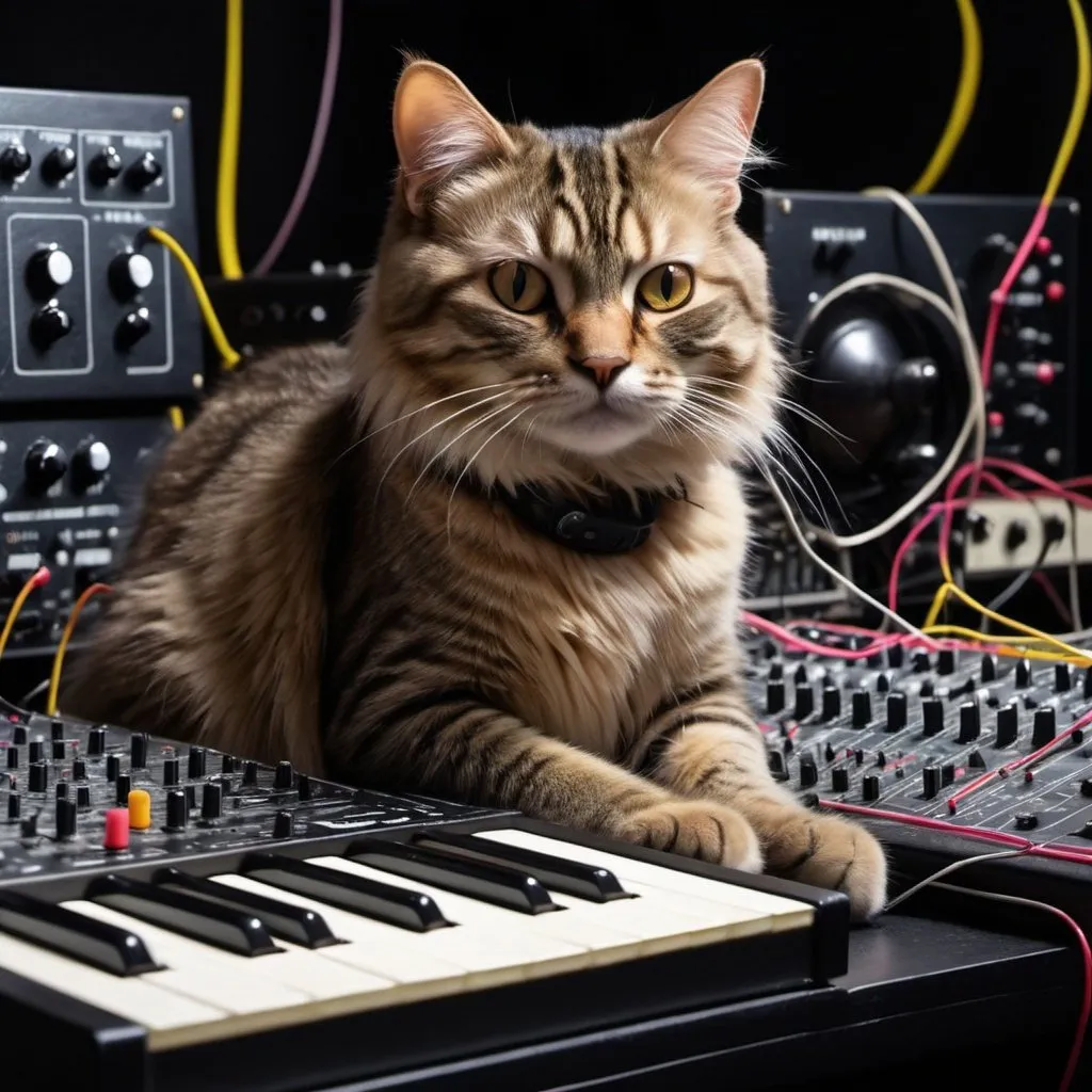 Prompt: electric cat synth modular wires and rock and roll techo acid house