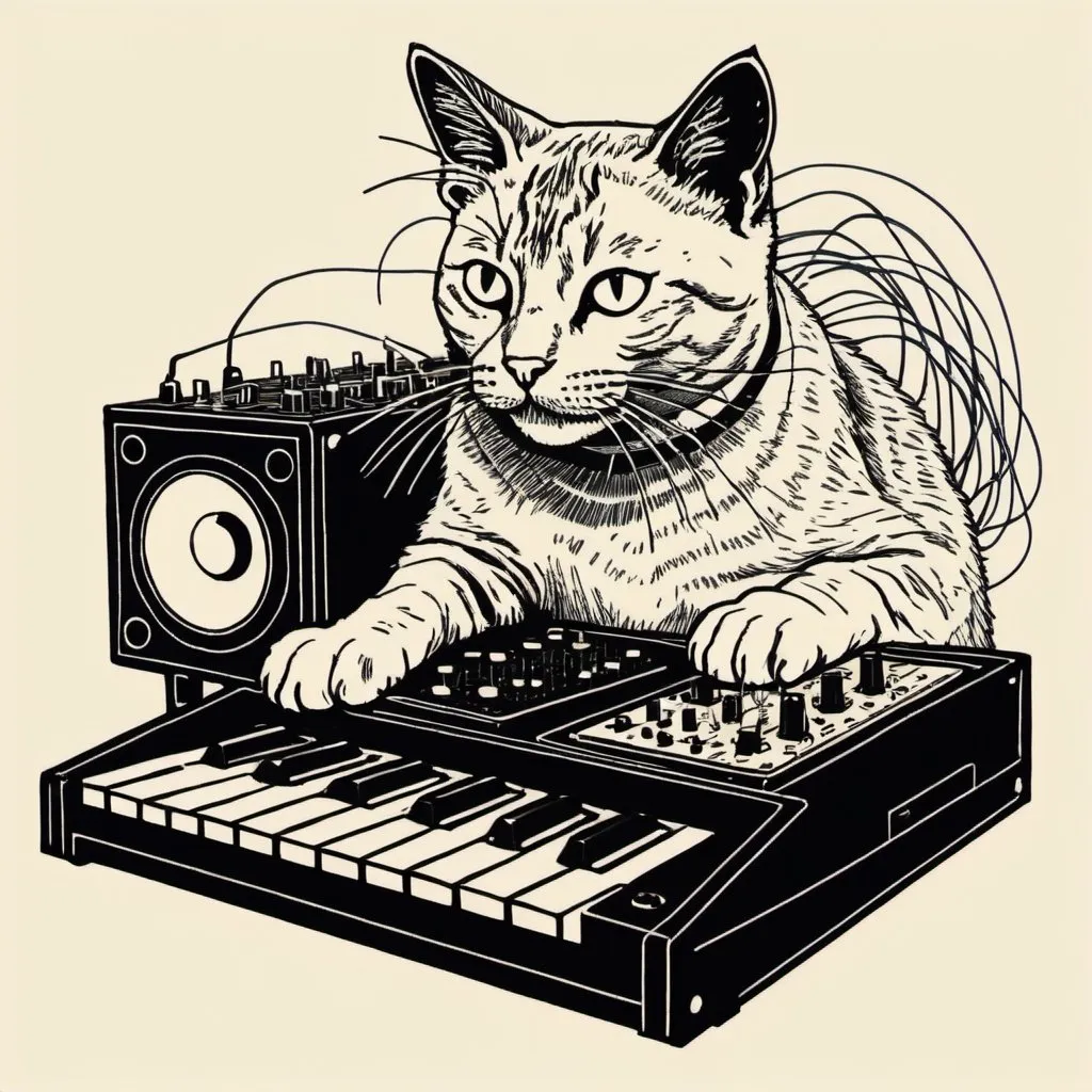 Prompt: A simple lithograph style woodcut of a cat plays a modular synth.
rough lines, wires, electronics, 1930s clip art. wisps of color here and there