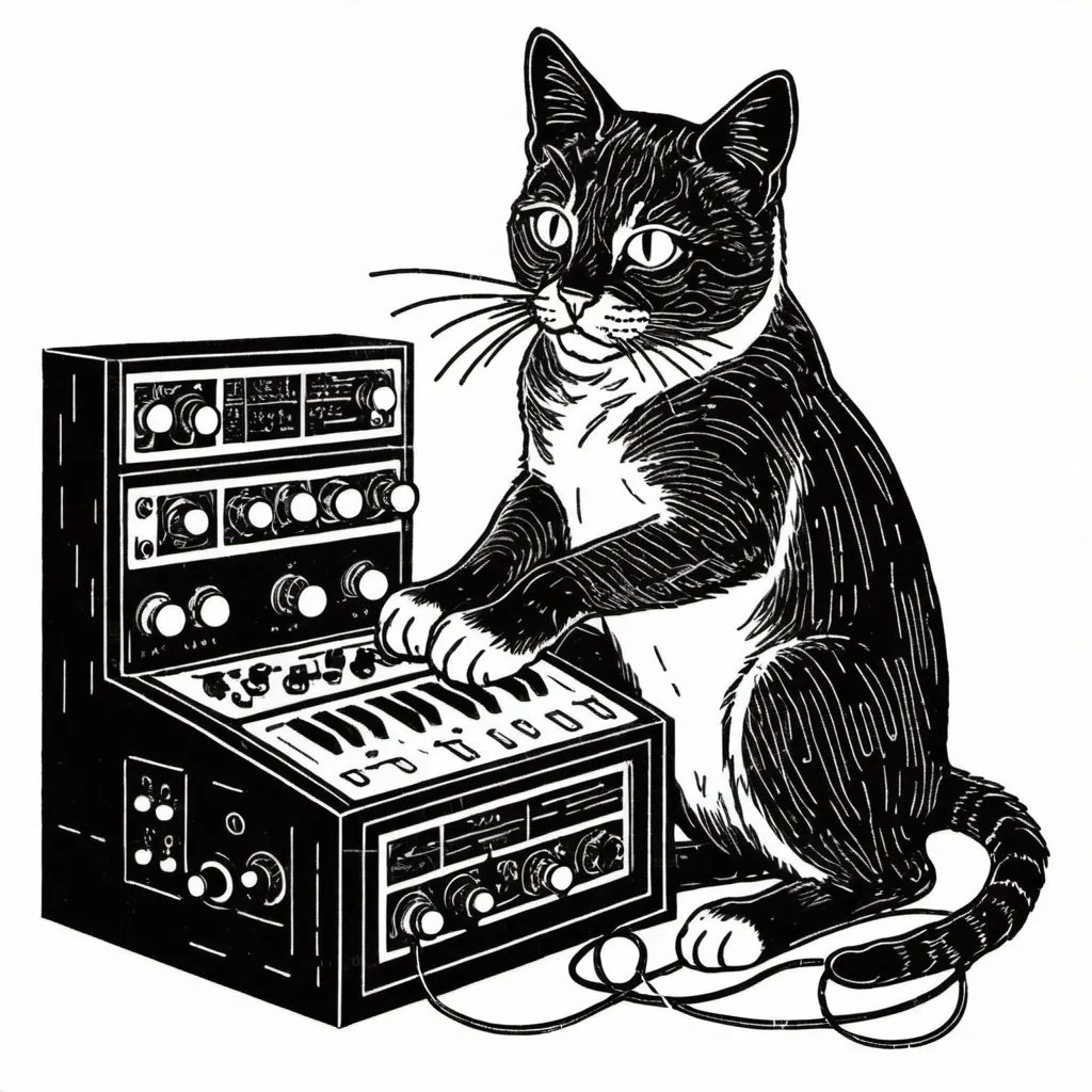 Prompt: A simple lithograph style woodcut of a cat plays a modular synth.
rough lines, wires, electronics, 1930s clip art. wisps of color here and there