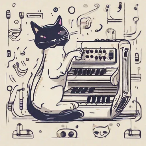 Prompt: festival inspired design of cat plays synth, vector, print on demand, POD, clean background