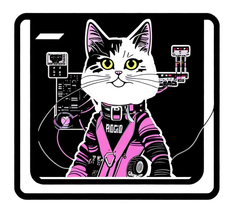 Prompt: cat cyborg punk 80s retro synthpop. A Cat plays a modular synth. Sticker art. white background