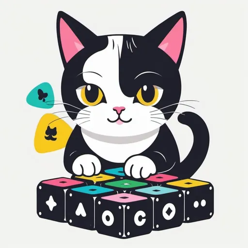 Prompt: Probability and chance.  Cute kawaii { cat plays a modular synth}   black cat,  white background, illustration minimalism, vector, colorful. Dice, cards, coin