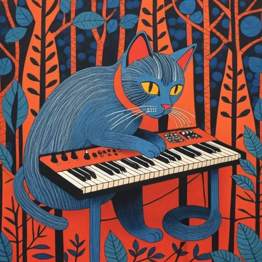 Prompt: cat plays synth, Gond patterns,