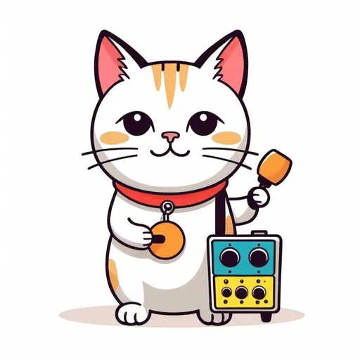 Prompt: Cowbell. Cute kawaii { cat plays a modular synth} snowshoe point lynx cat, white background, illustration minimalism, vector, colorful. Drums, cowbell. boink