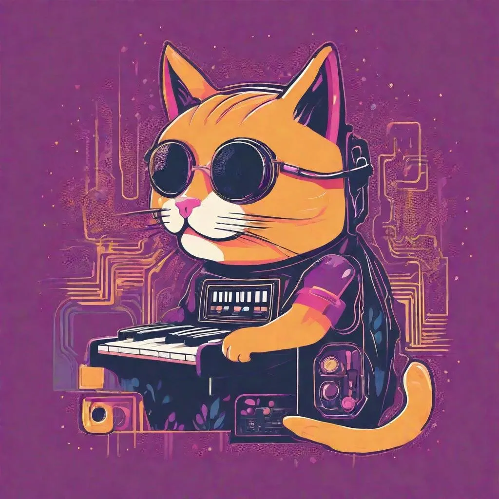 Prompt: festival inspired design of cat plays synth, vector, print on demand, POD, clean background