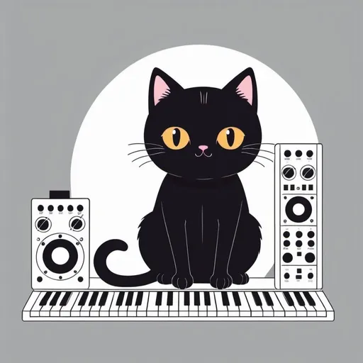 Prompt:   Cute kawaii { cat plays a modular synth}   black cat,  white background, illustration minimalism, vector, colorful