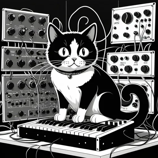 Prompt: black and white cat plays a modular synth, cartoon style. circuits and electronics abound