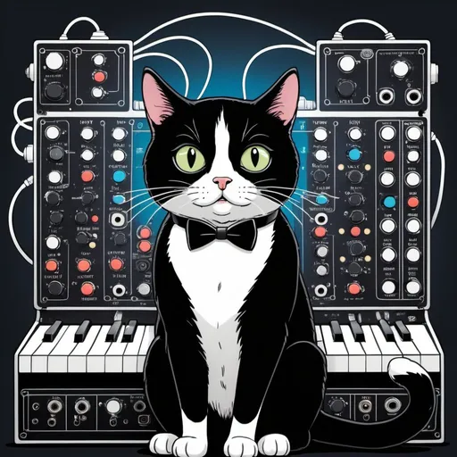 Prompt: tuxedo cat plays a modular synth, cartoon style. circuits and electronics abound