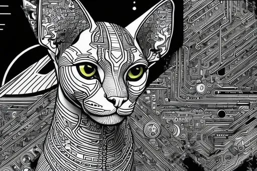 Prompt: Black and white colouring page of a sphynx cat with modular synths  in space 