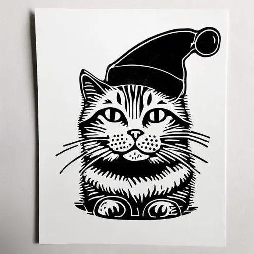 Prompt: simple one color linocut of a cat with a santa hat. Very Simple
