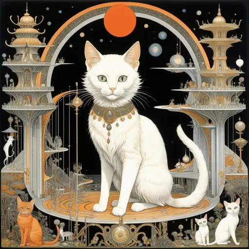 Prompt: Kay Nielsen, Walter Crane, Katsuya Terada, Leonora Carrington, Surrealism Mysterious Weird Fantastic Fantasy Sci-fi, Cat plays modular synth.  Gates, detailed masterpiece 