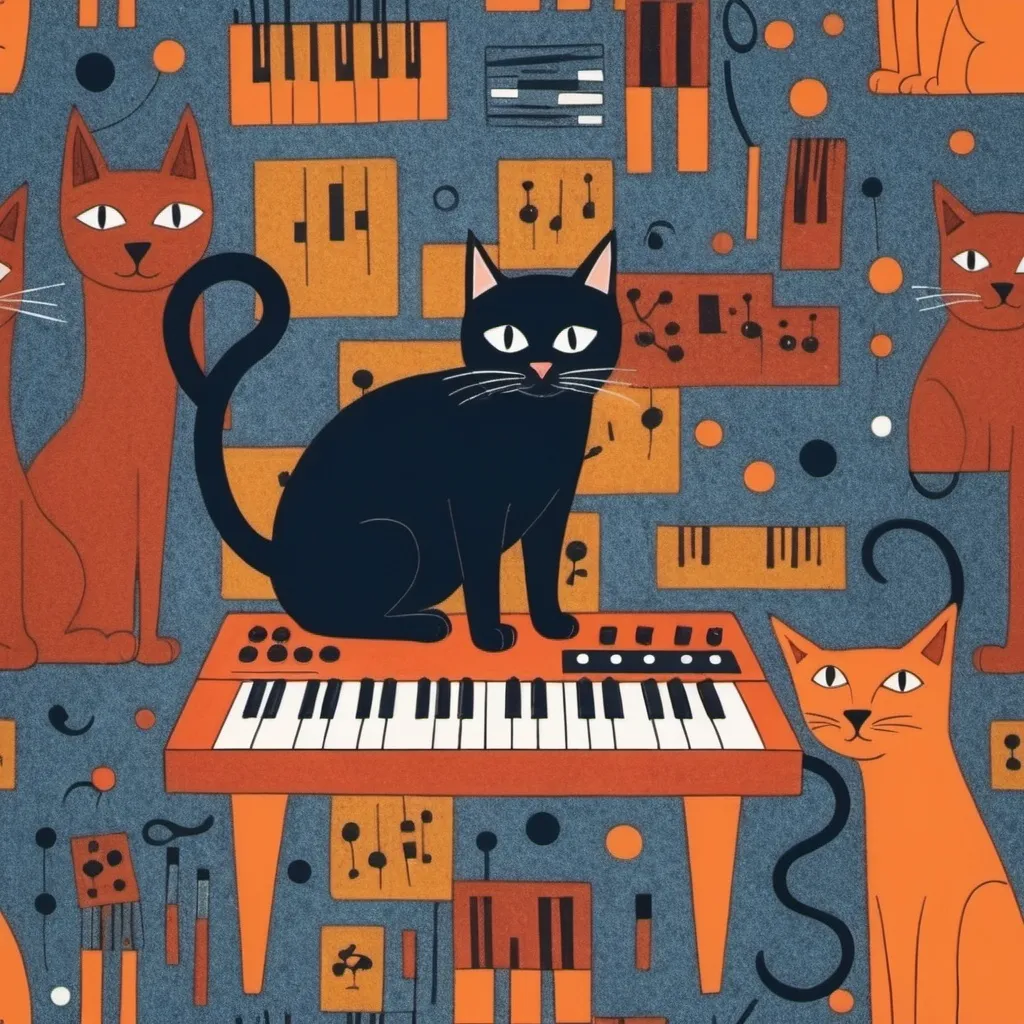 Prompt: cat plays synth, Gond patterns,