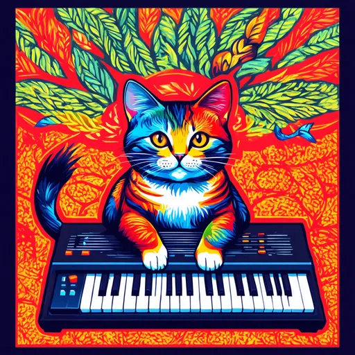 Prompt: cat plays synth, Gond patterns, logo, line art