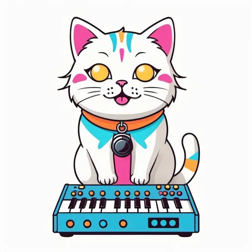 Prompt: Cowbell. Cute kawaii { cat plays a modular synth} snowshoe point lynx cat, white background, illustration minimalism, vector, colorful. Drums, cowbell. boink