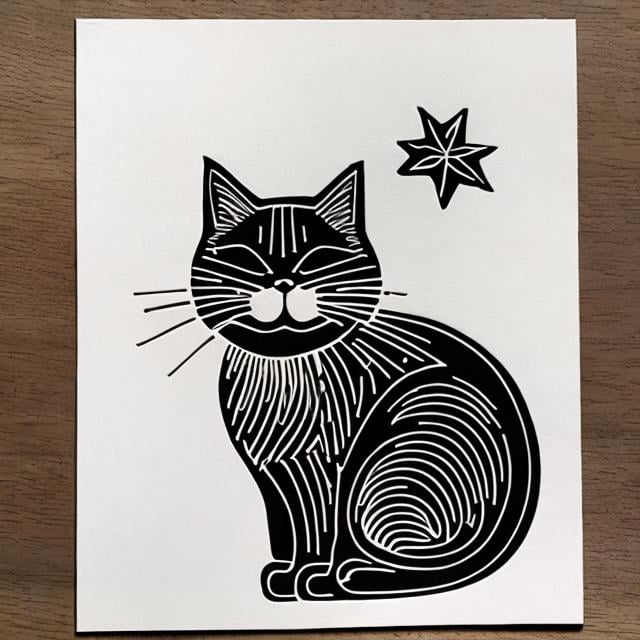 Prompt: simple one color linocut of a christmas cat