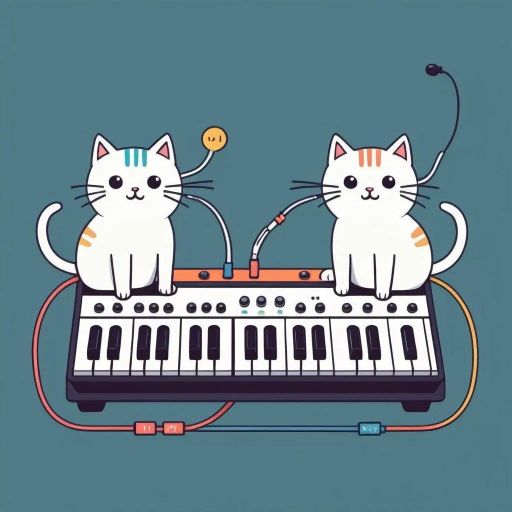 Prompt: Over the wire communication. Cute kawaii { cats plays a modular synth} cat, , illustration minimalism, vector, colorful. synth, wires, circuits. Two Cats talking over wires. 