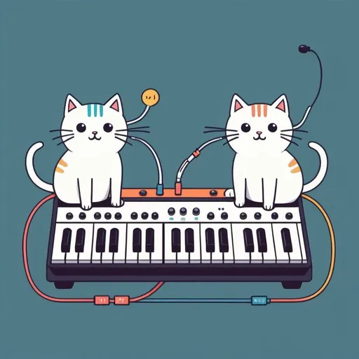 Prompt: Over the wire communication. Cute kawaii { cats plays a modular synth} cat, , illustration minimalism, vector, colorful. synth, wires, circuits. Two Cats talking over wires. 