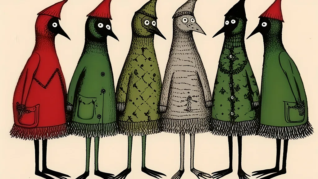 Prompt: Chickens During Christmas By Edward Gorey. Retro Postcard. Gothic. Reds And Greens