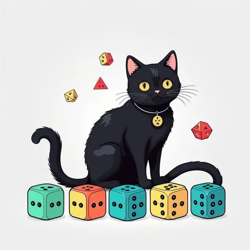 Prompt: Probability and chance.  Cute kawaii { cat plays a modular synth}   black cat,  white background, illustration minimalism, vector, colorful. Dice, cards, coin