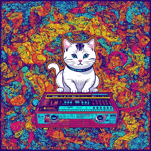 Prompt: cat plays modular synth, Gond patterns, logo, line art