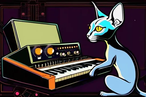 Prompt: ((art by tim burton)), [goth:alternative:.2], sphynx cat playing a modular synth, cat looks a little like Thomas Dolby, best quality, masterpiece, illustration,  super detailed, HDR, 64K, RPG, strange, haunted