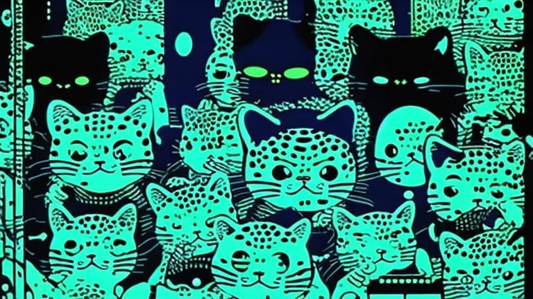 Prompt: Retro poster of tuxedo Cat plays modular synth by yayoi kusama, takasi murakami, Toshio saeki.  Blue and green colors