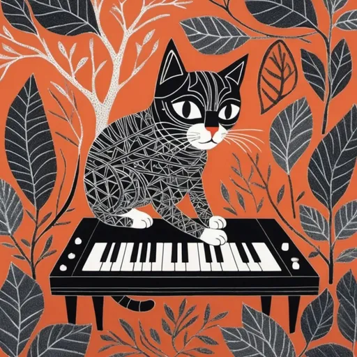 Prompt: cat plays synth, Gond patterns,