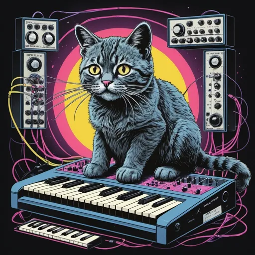 Prompt: funky illustration of electric cat synth modular wires and rock and roll techo acid house