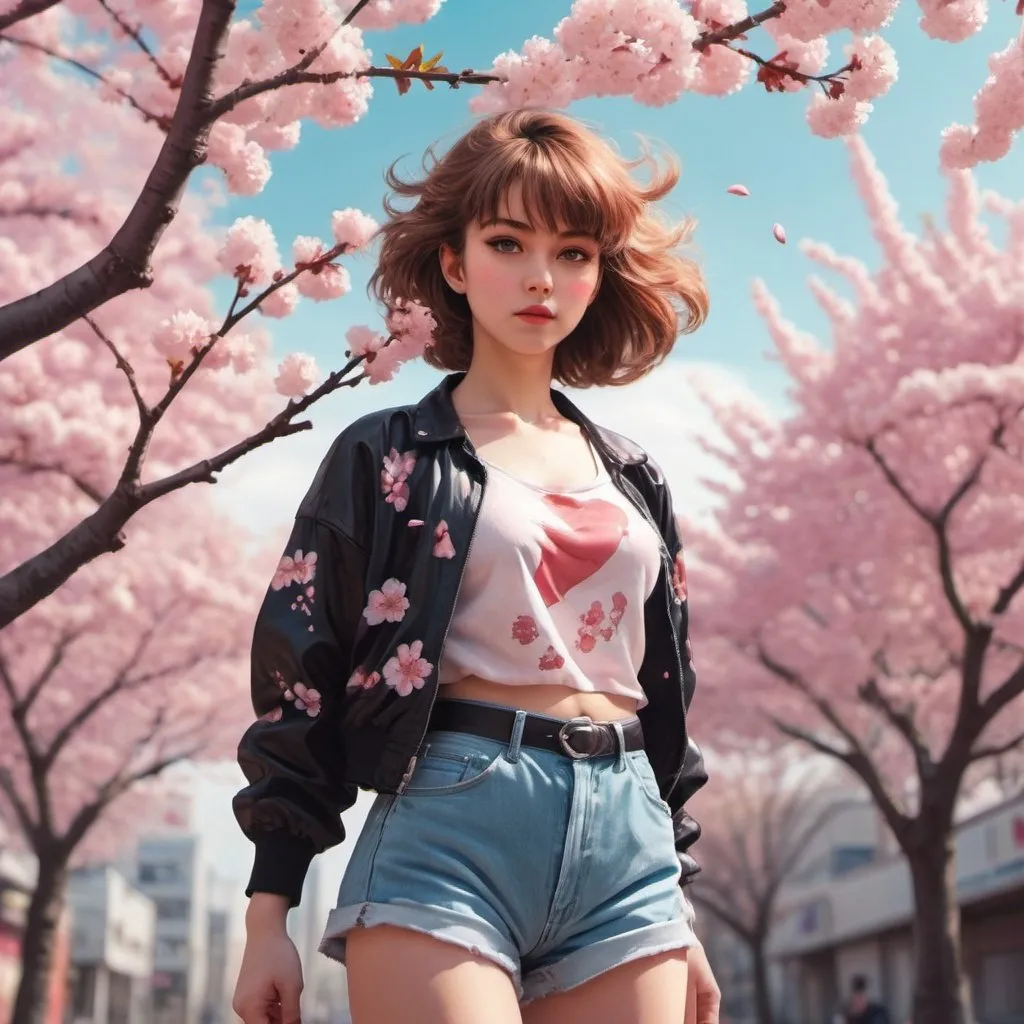 Prompt: style of Darek Zabrocki,    80s anime style,  A girl with cherry blossoms on valentines day,   complex background,  dynamic pose,