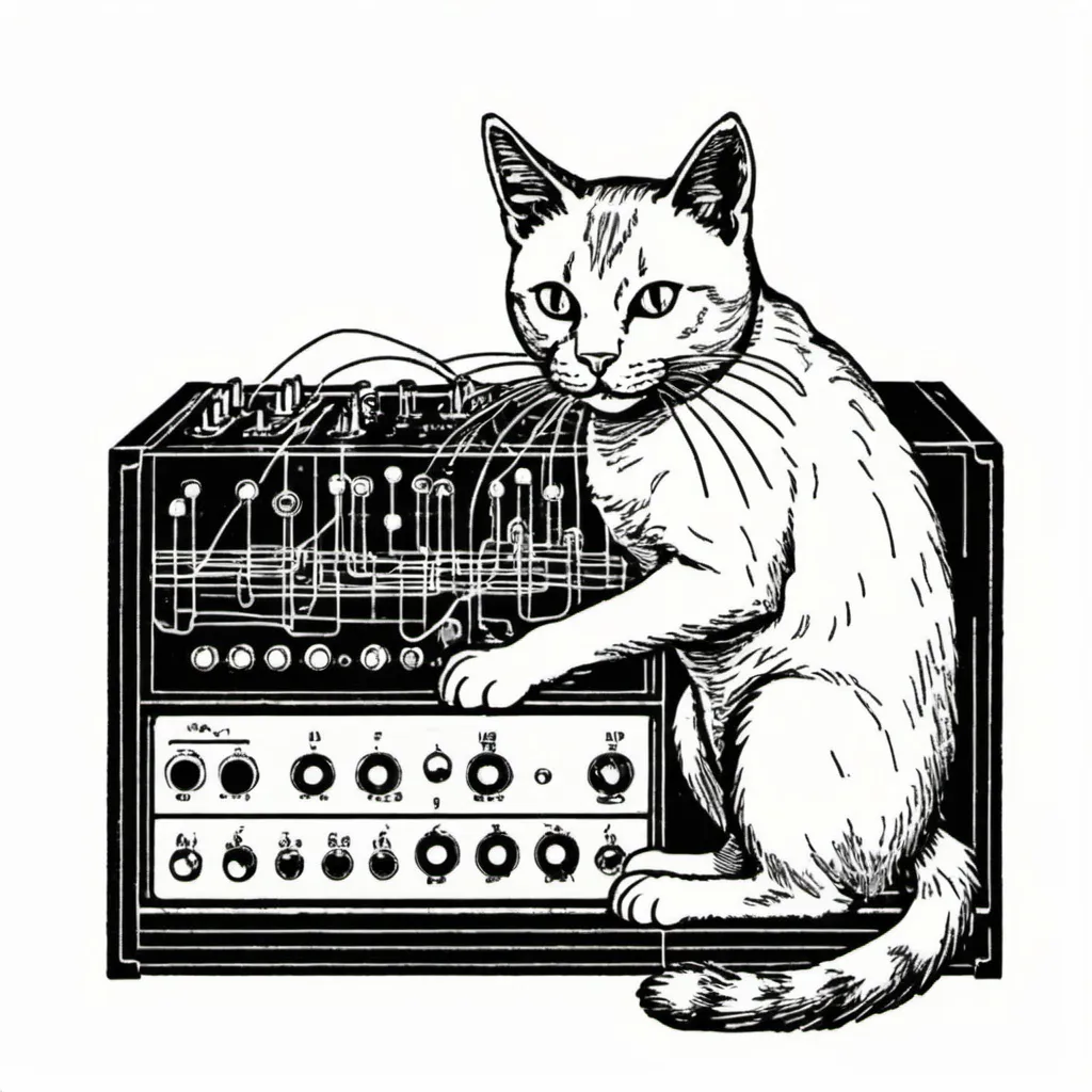 Prompt: A simple lithograph style woodcut of a cat plays a modular synth.
rough lines, wires, electronics, 1930s clip art