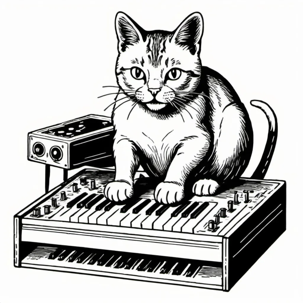 Prompt: A super simple lithograph style woodcut of a cat plays a synth.
rough lines, wires, electronics, 1930s clip art