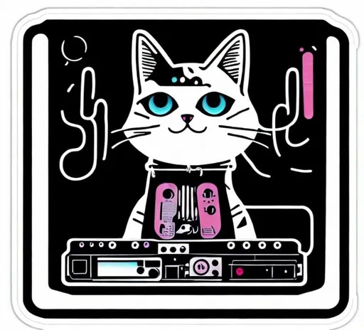 Prompt: single Die-cut sticker, Cute kawaii { cat plays a modular synth} sticker, white background, illustration minimalism, vector, 